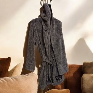 DKNY Soft & Fuzzy Cozy Hooded Robe Belted Charcoal Ladies Medium Open w/ Pockets